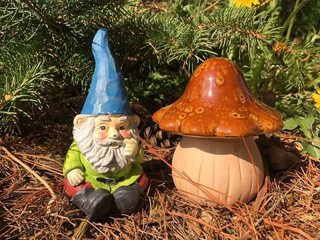 garden gnome near a large mushroom
